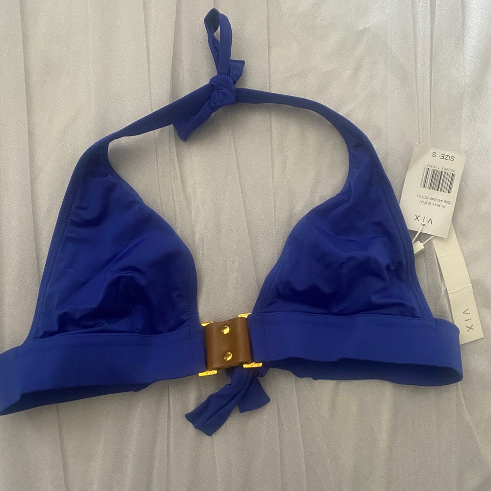 VIX Paula Hermanny Women’s Blue Triangle Halter Bikini Top Size S NWT lux swim